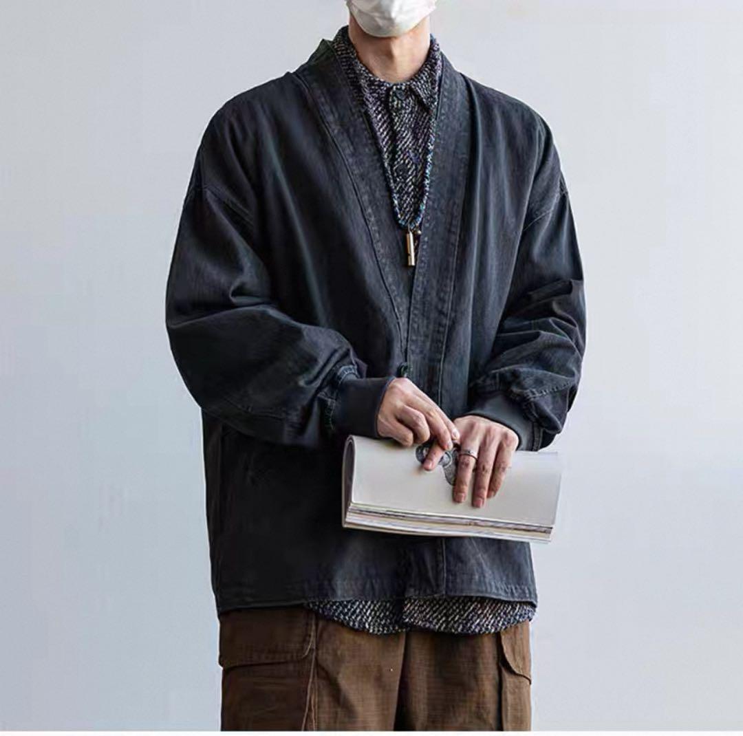 メカジシンプル無地ローブジャケットメンズゆったり多機能アウター秋純綿コートXL