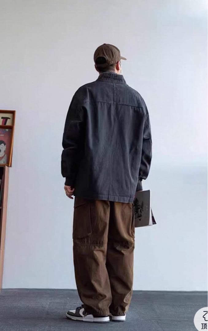 メカジシンプル無地ローブジャケットメンズゆったり多機能アウター秋純綿コートXL