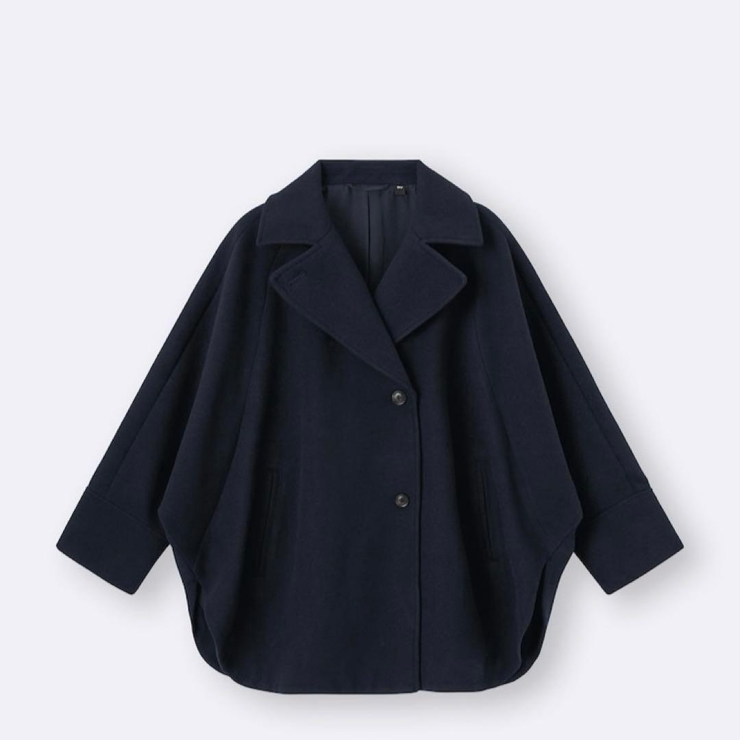 新品GUジーユー☆コージーメルトンケープコート M ネイビー