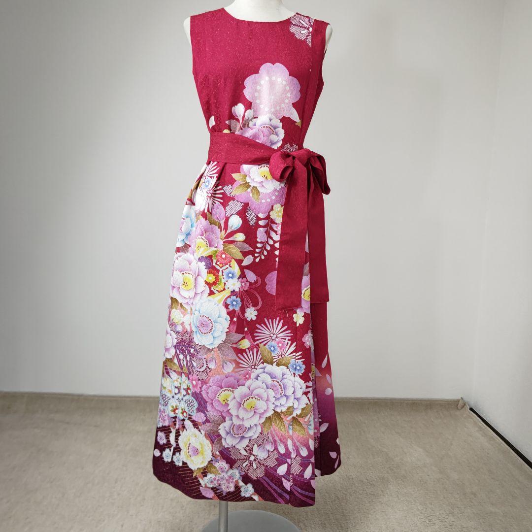 zunezune 振袖ドレス ノースリーブ 着物リメイクワンピース 赤