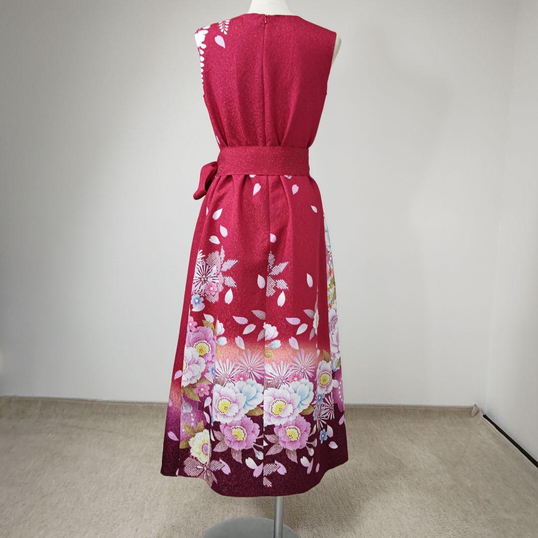 zunezune 振袖ドレス ノースリーブ 着物リメイクワンピース 赤