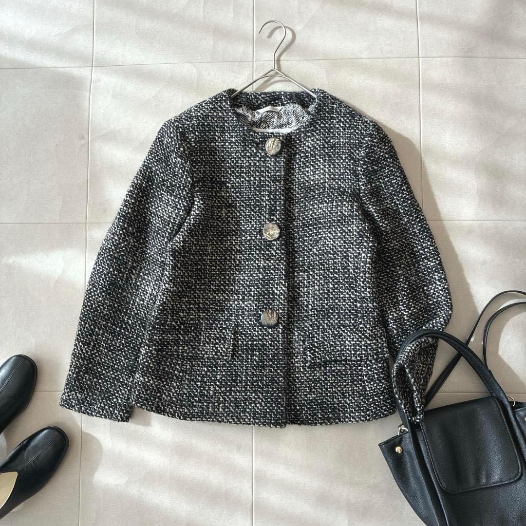 美品 最高級白タグ マックスマーラ♡ノーカラーツイードジャケット バージンウール