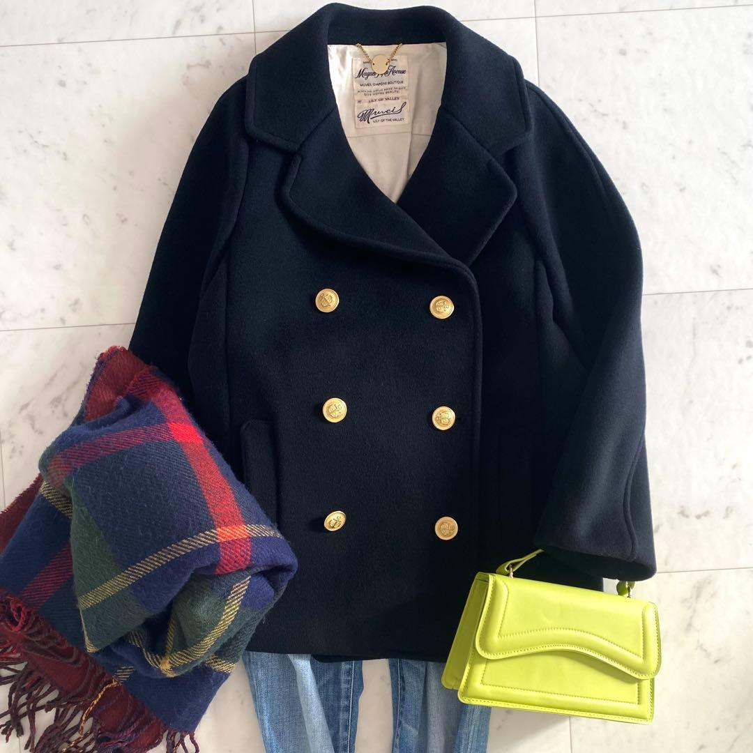 美品 ミュベール MUVEIL ゴールド釦 ダブルブレストウールコート 36