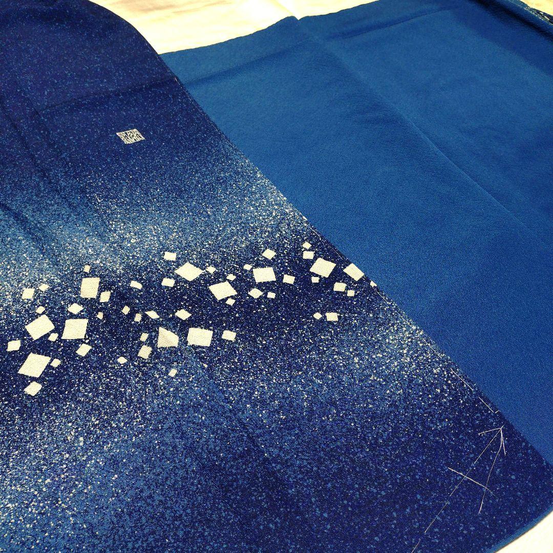 訪問着　藍色　落款　叩き染め　縮緬　正絹　しつけ糸付き　長尺　ふくよか　訳あり