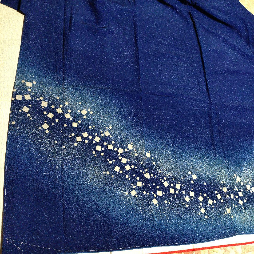 訪問着　藍色　落款　叩き染め　縮緬　正絹　しつけ糸付き　長尺　ふくよか　訳あり