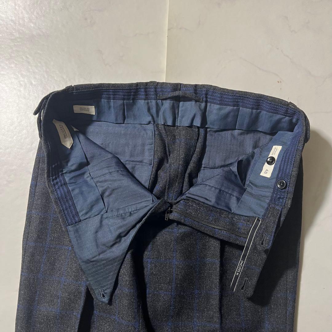 美品 インコテックス ウールスラックス パンツ チェック 48 L グレー系