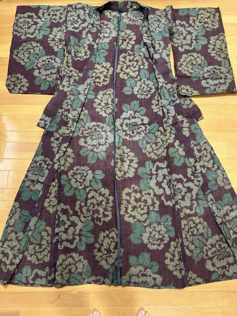 上布 単衣 浴衣 牡丹 麻 夏着物 身丈156 検索)能登上布 越後 本麻 古布