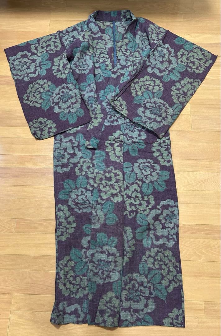 上布 単衣 浴衣 牡丹 麻 夏着物 身丈156 検索)能登上布 越後 本麻 古布
