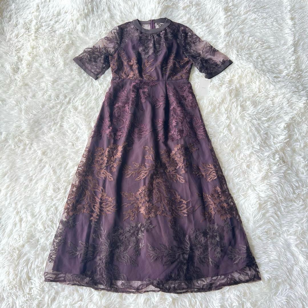 【新品】etoll. エトル　グラデーション刺繍レースフレアドレス　ブラウン