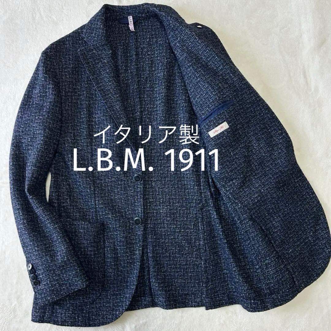 美品 エルビーエム イタリア製 ツイードウール アンコン ジャケット 48 紺