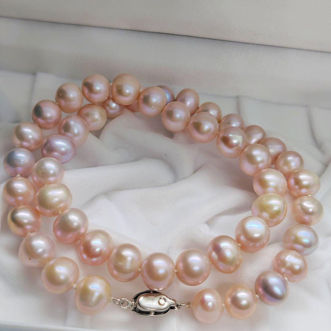 【テリ強】本真珠 パール ネックレス 約10mm シルバー金具 ピンク
