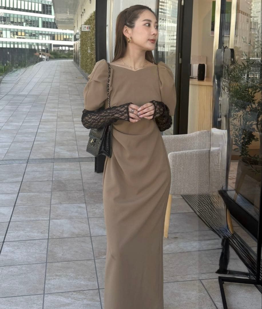 ANDRESD レースアームドレープドレス