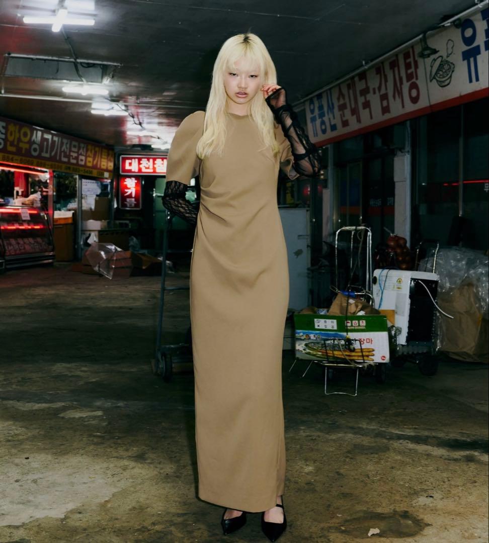 ANDRESD レースアームドレープドレス