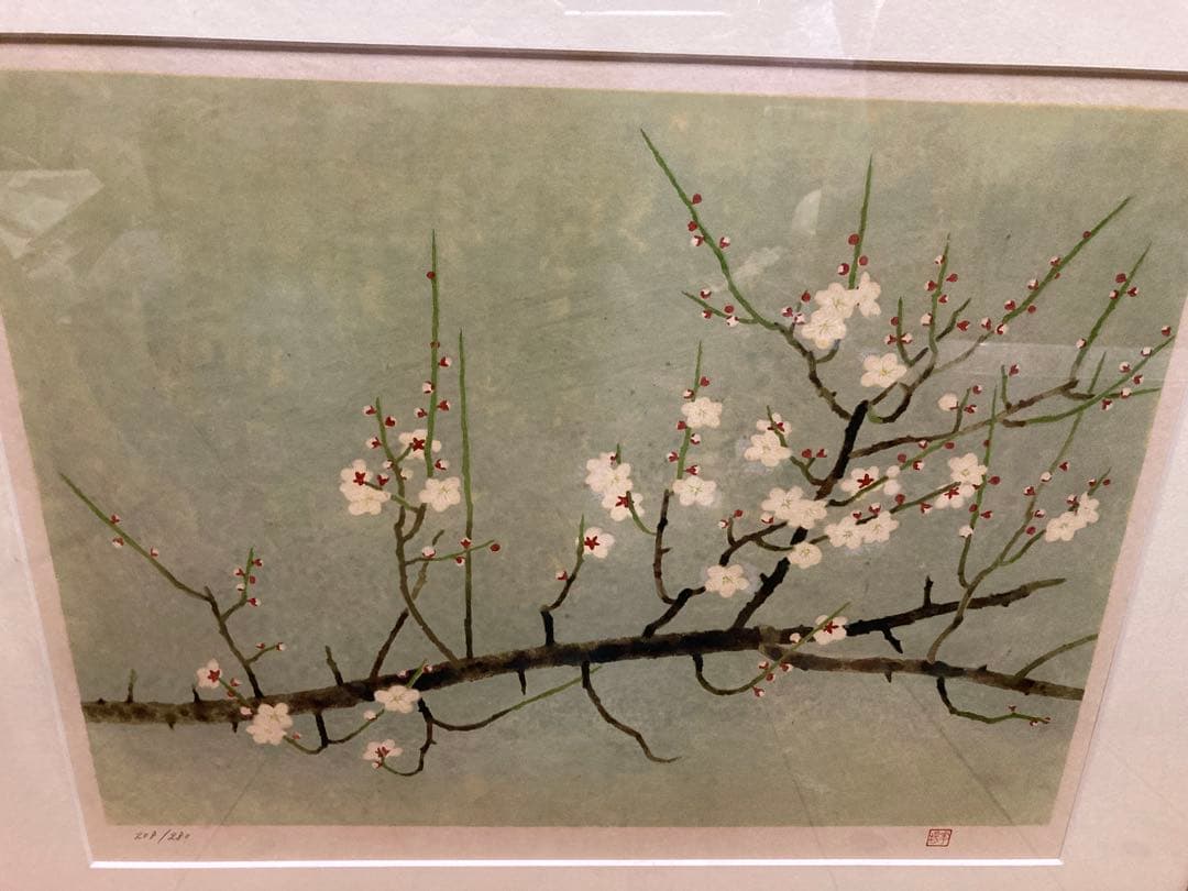 梅の枝の花 版画 208/280 額装 落款あり インテリア