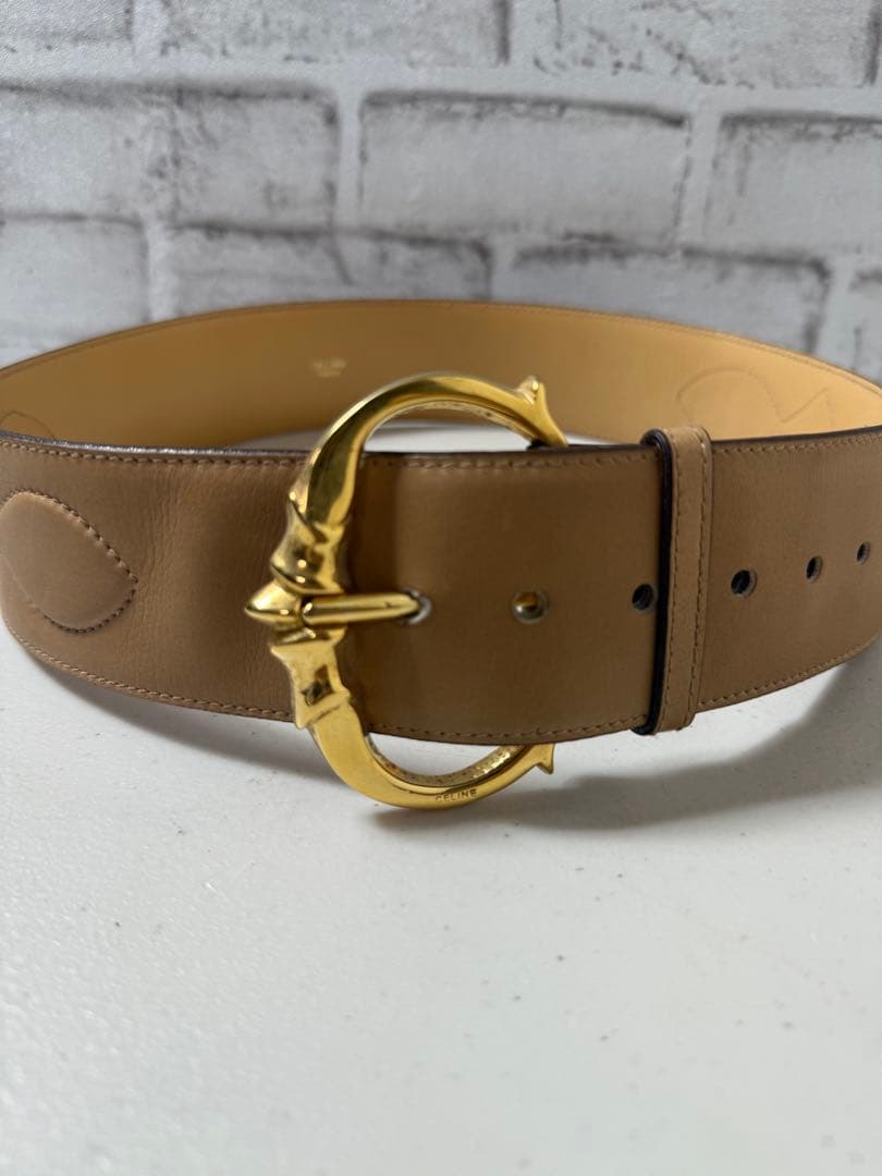 CELINE ベージュ ベルト ゴールドバックル