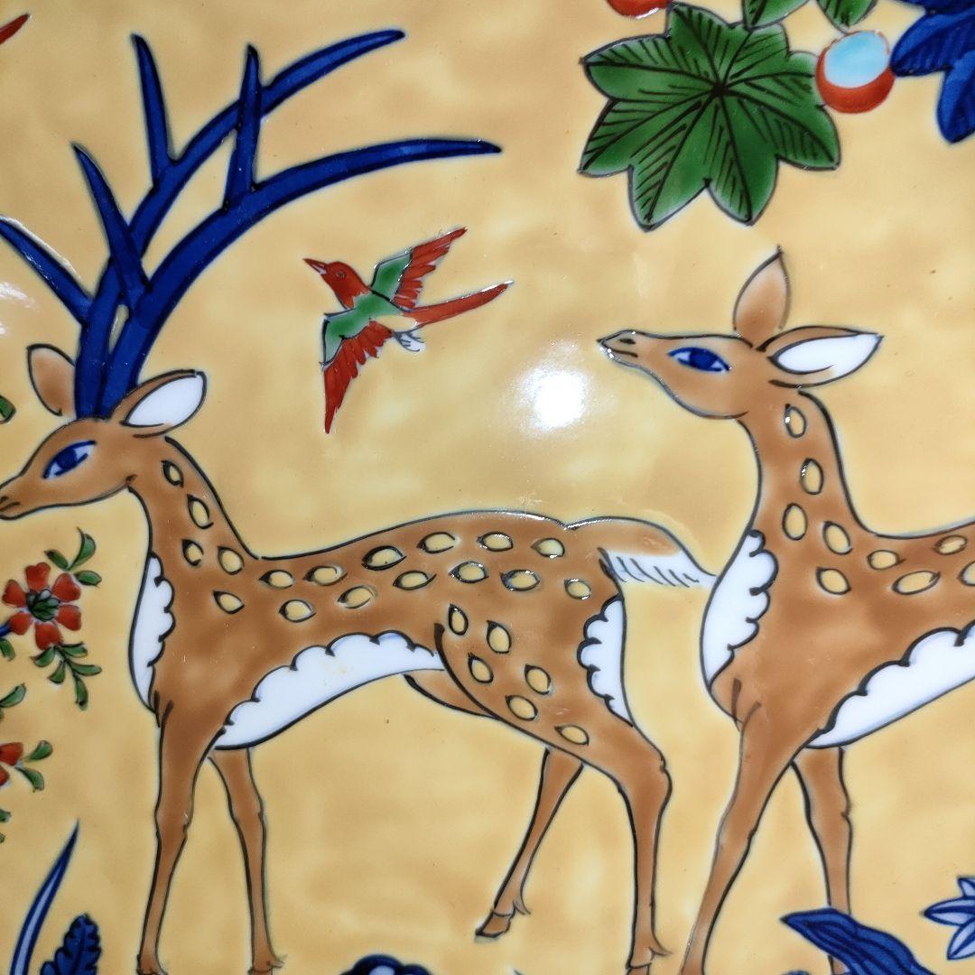 A1308-8/源右衛門窯/色絵花草鹿文陶額/