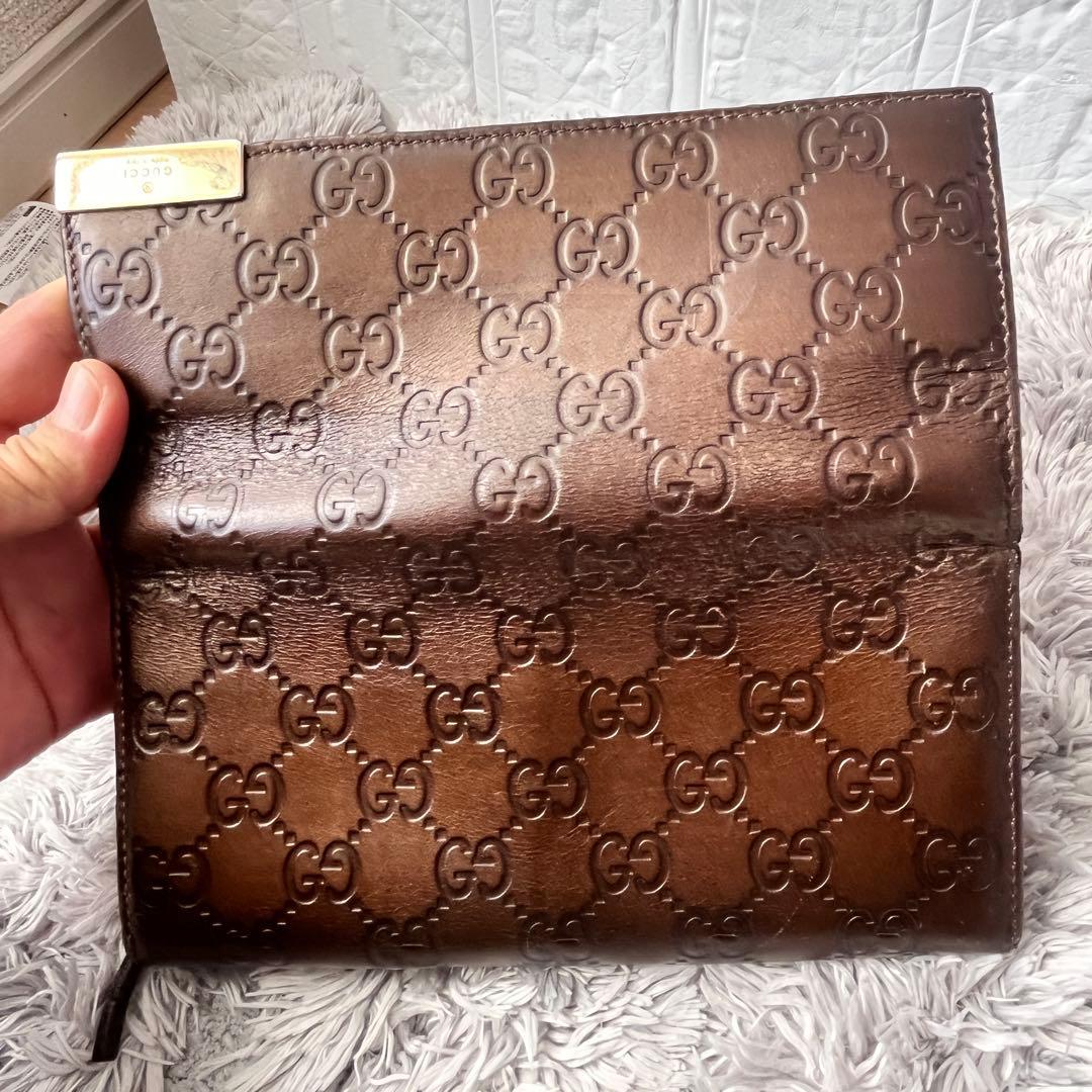 美品✨GUCCI チェーン　ウォレット　長財布　シマ　ロゴプレート　ブロンズ