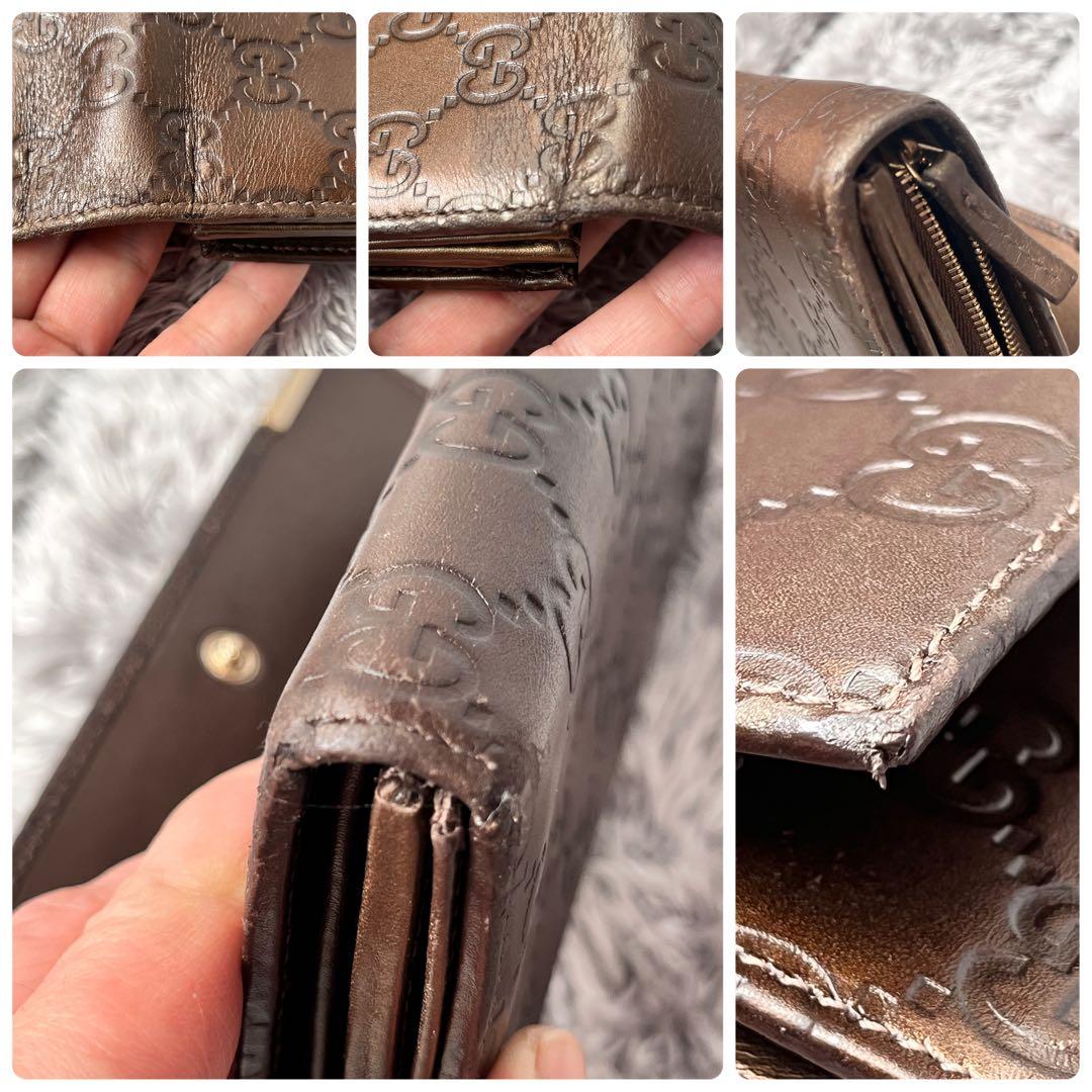 美品✨GUCCI チェーン　ウォレット　長財布　シマ　ロゴプレート　ブロンズ