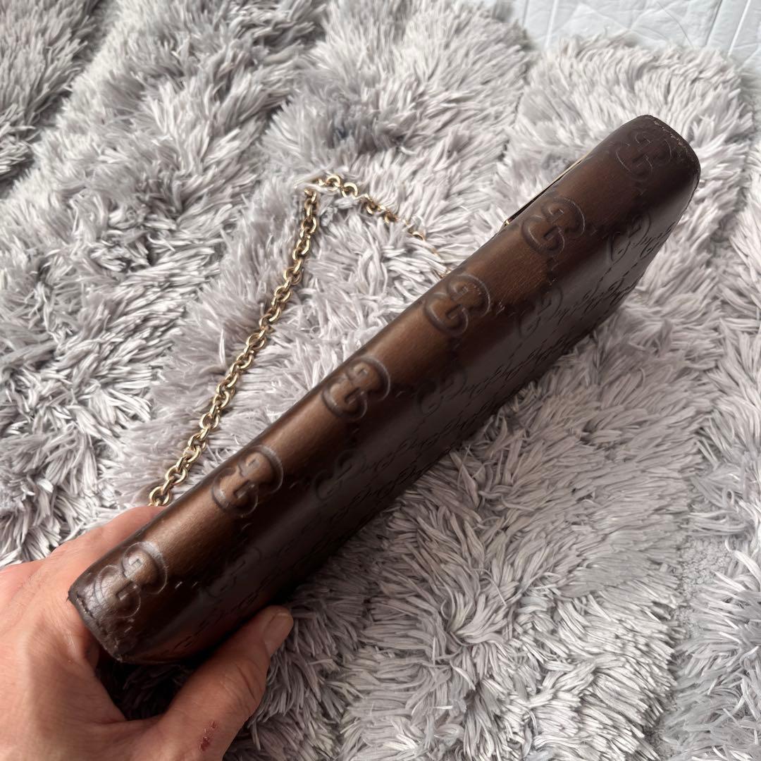 美品✨GUCCI チェーン　ウォレット　長財布　シマ　ロゴプレート　ブロンズ