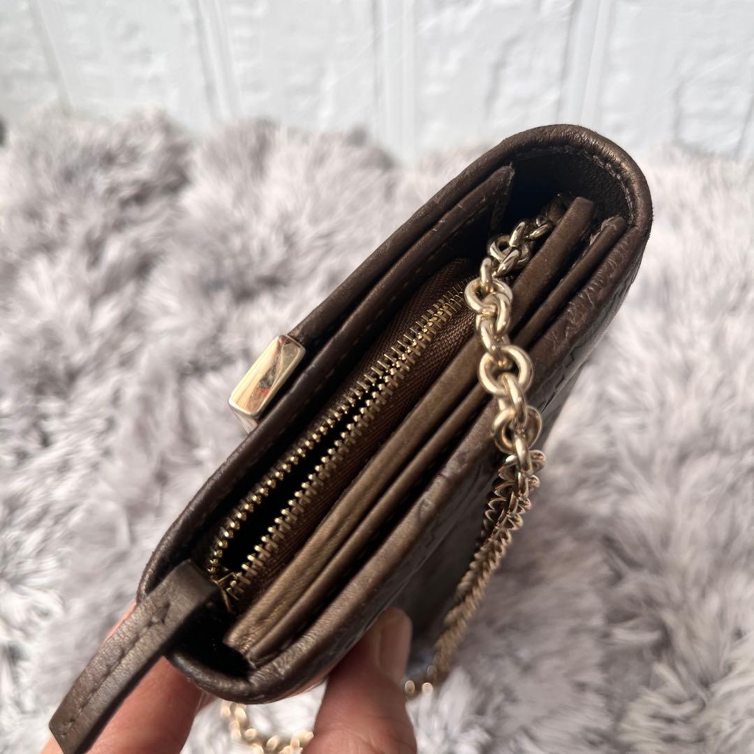 美品✨GUCCI チェーン　ウォレット　長財布　シマ　ロゴプレート　ブロンズ