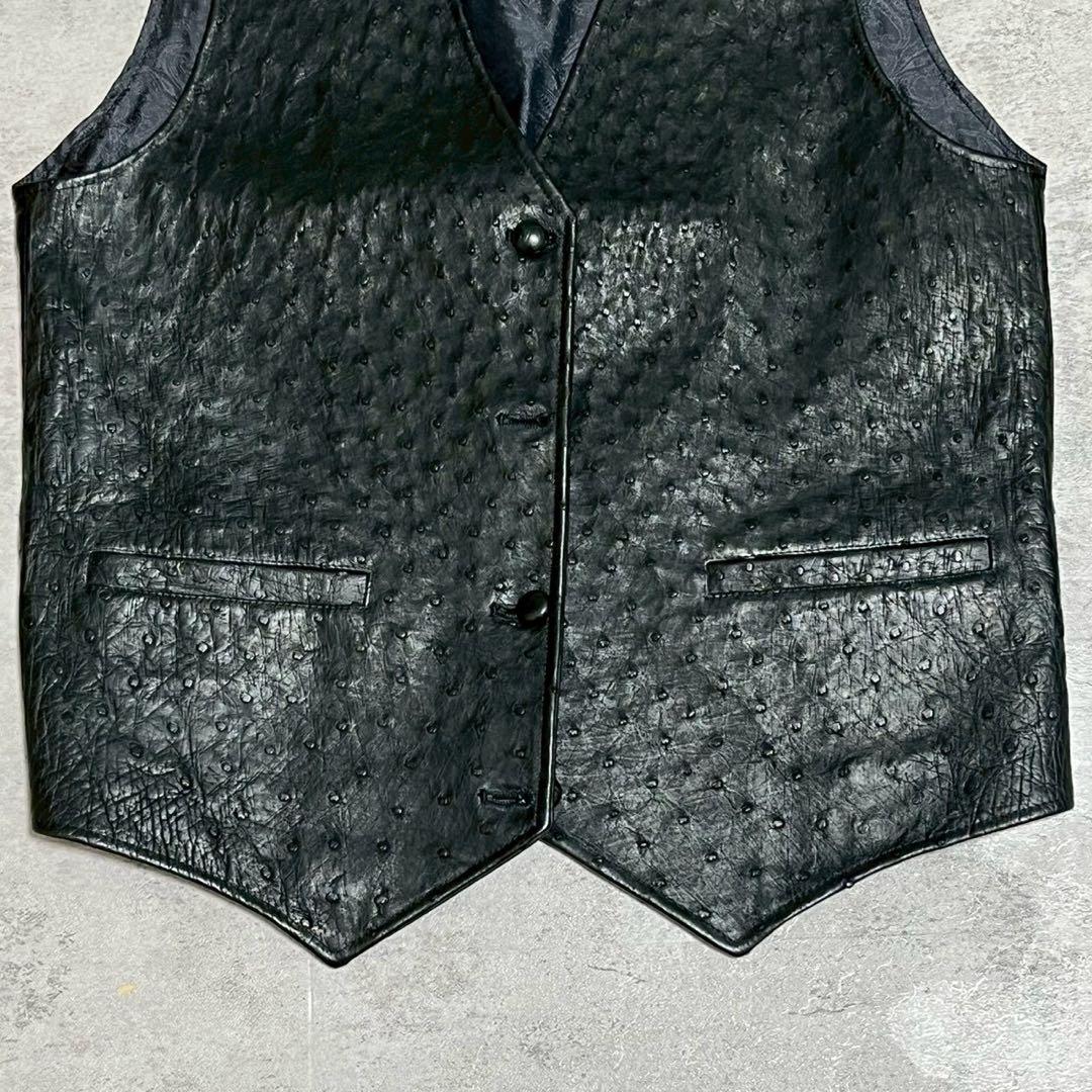 イタリア製 レザー ベスト オーストリッチ 型押し ブラック メンズ