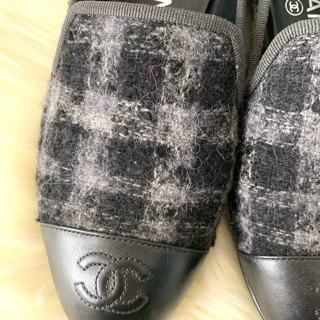CHANEL チェック柄ツウィードパンプスフラットシューズ351/2 22.5