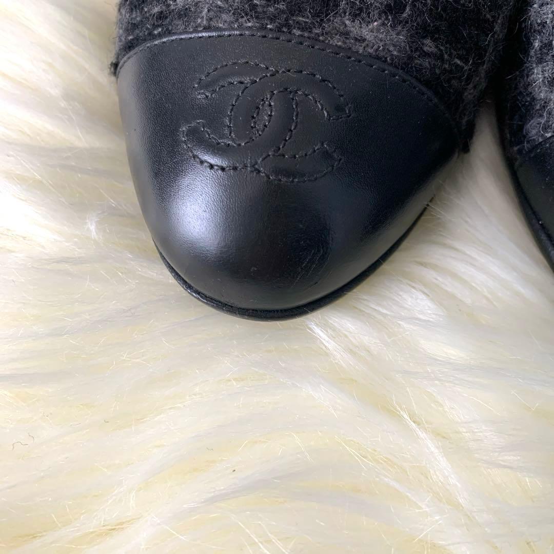 CHANEL チェック柄ツウィードパンプスフラットシューズ351/2 22.5