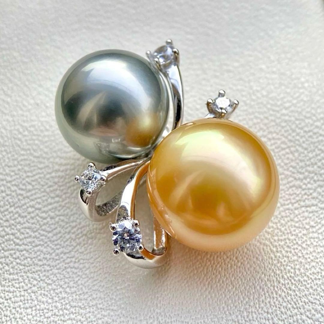 本真珠南洋白蝶真珠と黒蝶真珠　ゴールドとグレーs925ペンダントBEN914