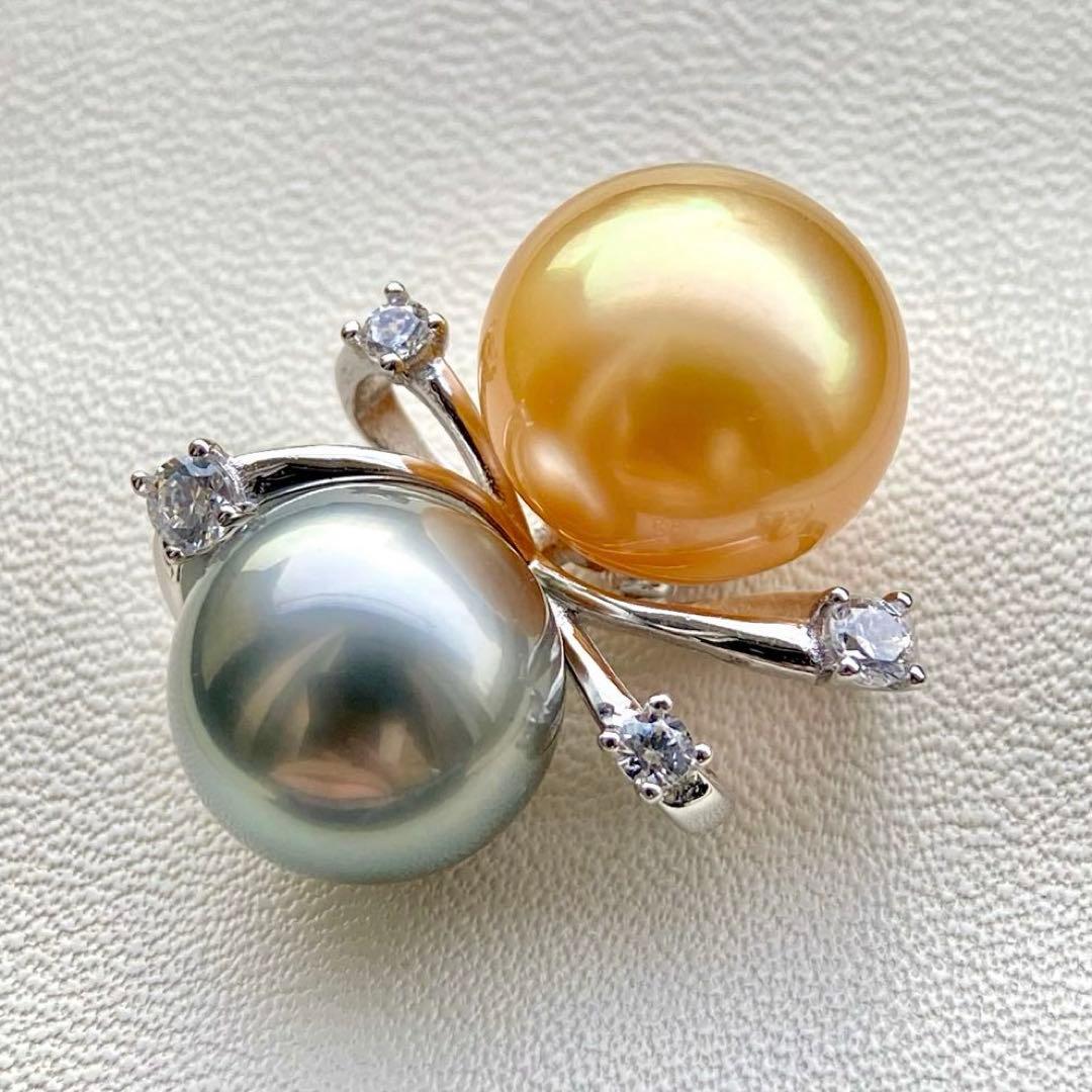 本真珠南洋白蝶真珠と黒蝶真珠　ゴールドとグレーs925ペンダントBEN914