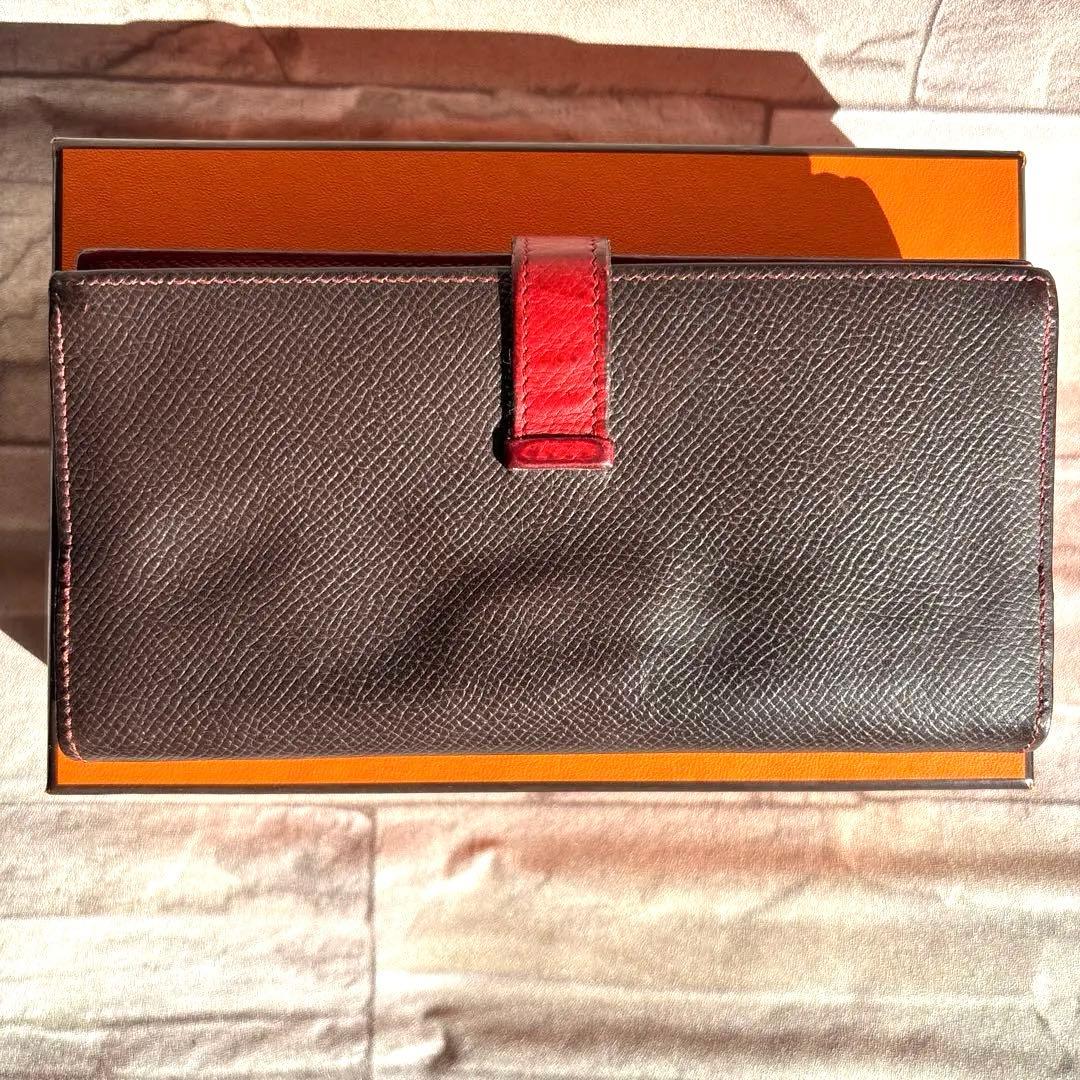 HERMES ベアンスフレ エプソンレザー 長財布 ブラウン/レッド