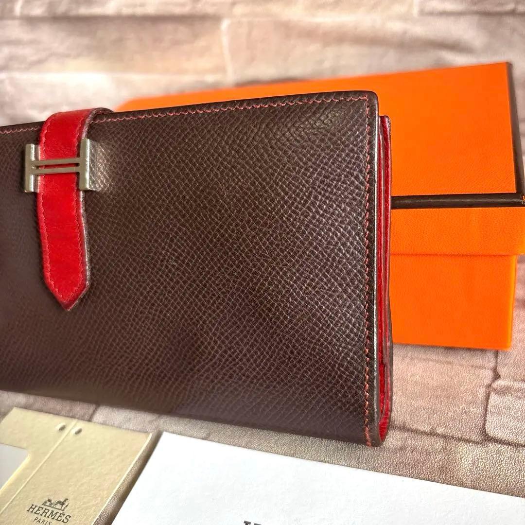HERMES ベアンスフレ エプソンレザー 長財布 ブラウン/レッド
