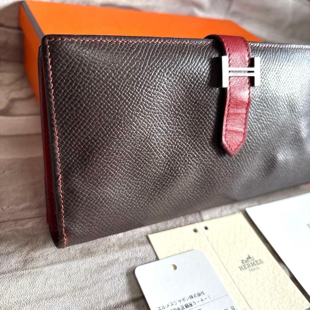 HERMES ベアンスフレ エプソンレザー 長財布 ブラウン/レッド