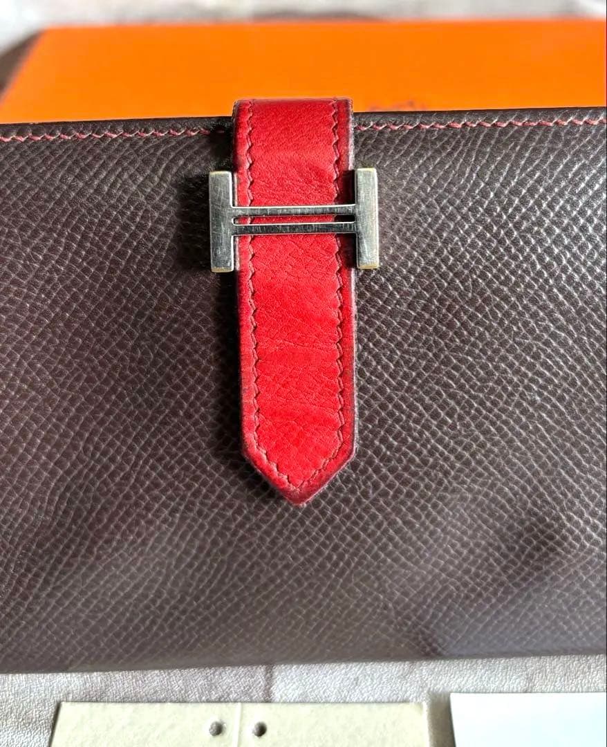 HERMES ベアンスフレ エプソンレザー 長財布 ブラウン/レッド