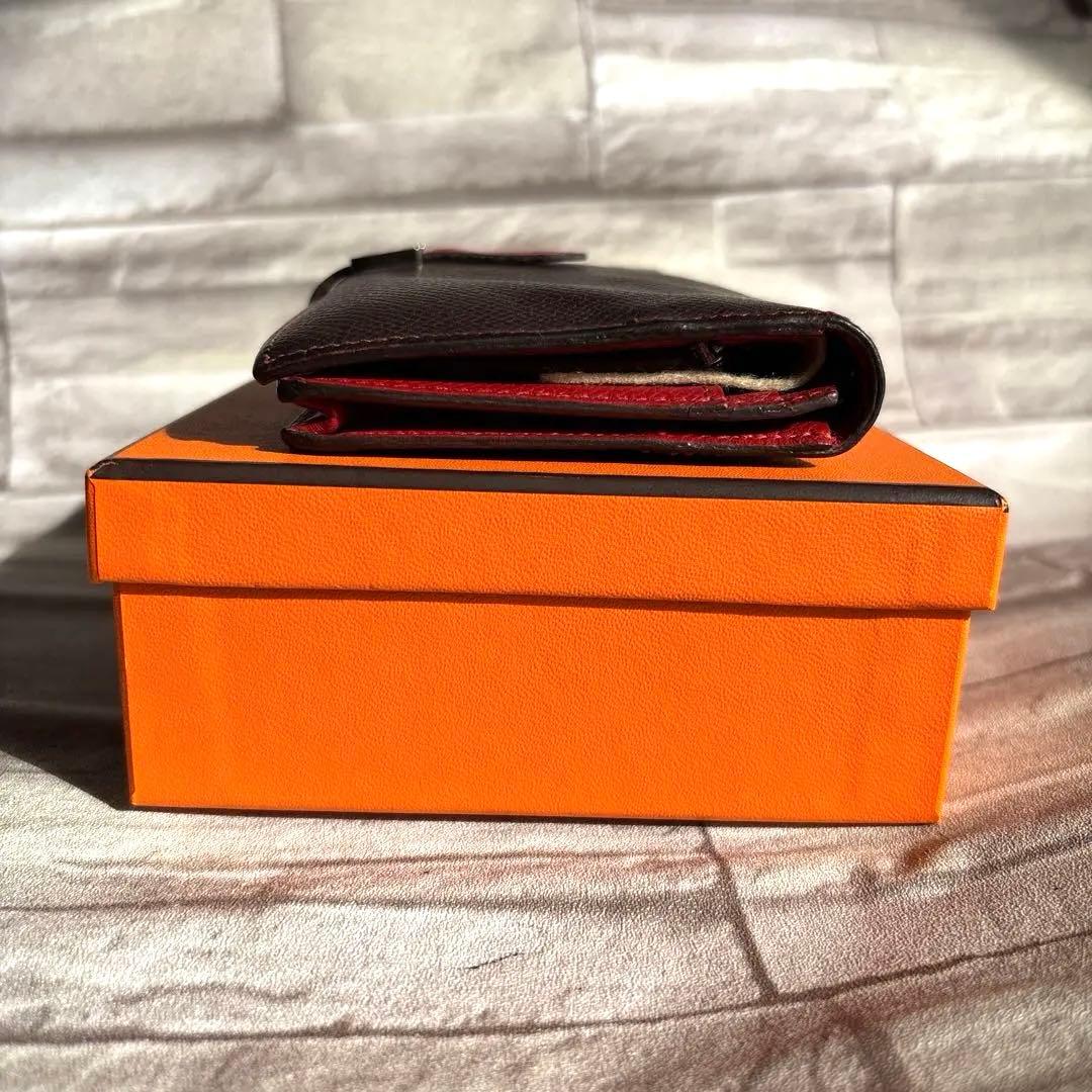 HERMES ベアンスフレ エプソンレザー 長財布 ブラウン/レッド