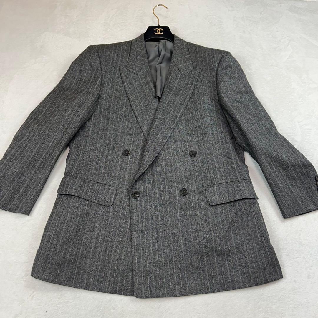 K967 美品 M バーバリー ストライプ柄 ダブル スーツ上下 グレー メンズ