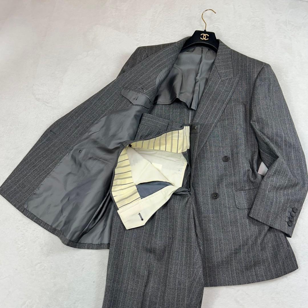 K967 美品 M バーバリー ストライプ柄 ダブル スーツ上下 グレー メンズ