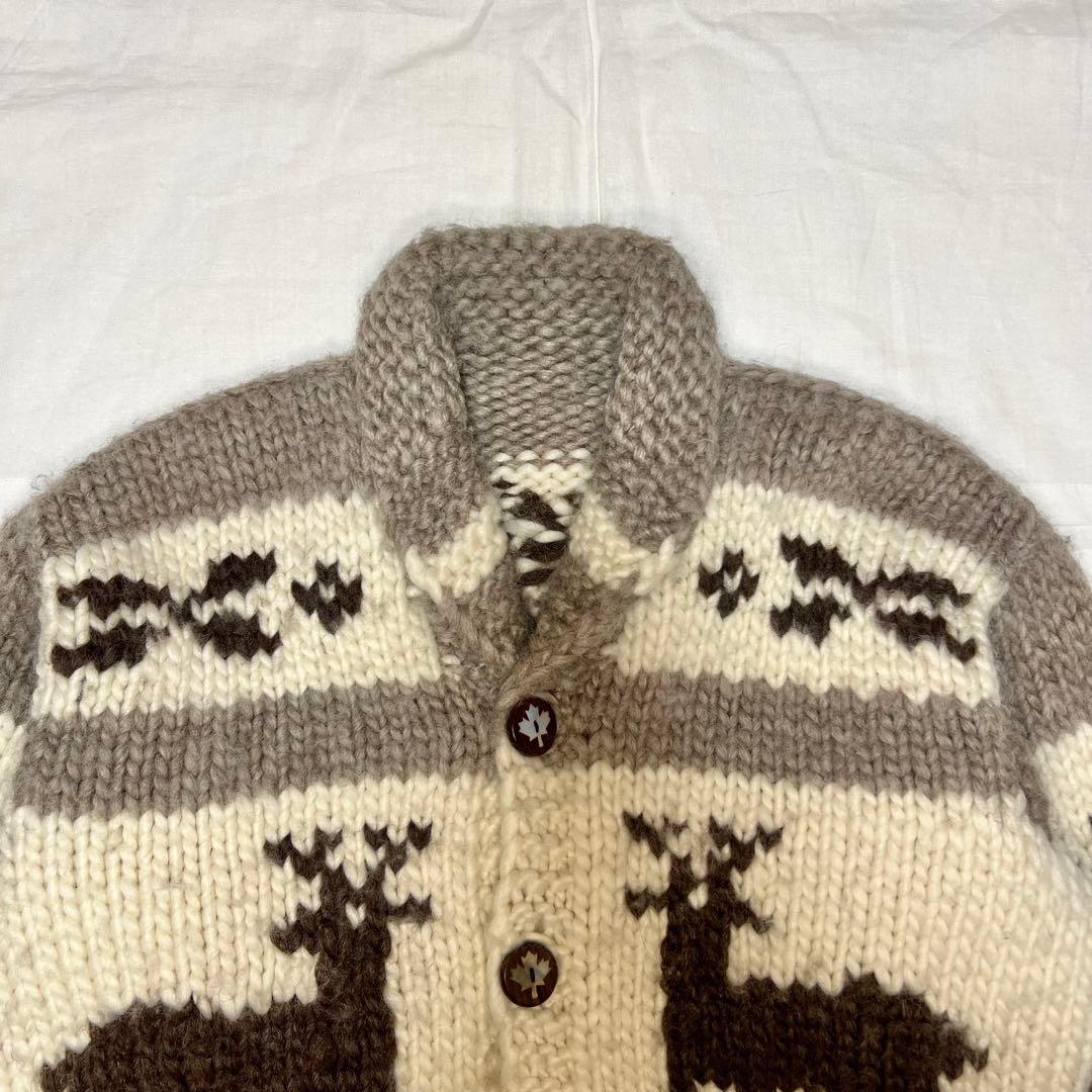 カナダ製 カウチンニット L相当 トナカイ柄 貝ボタン 手編み 肉厚 アメカジ