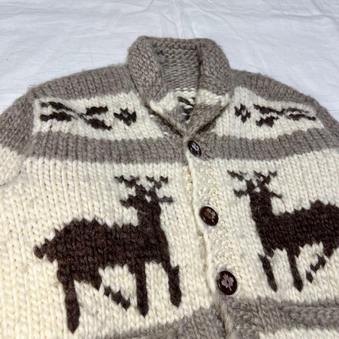カナダ製 カウチンニット L相当 トナカイ柄 貝ボタン 手編み 肉厚 アメカジ