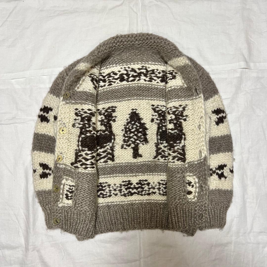 カナダ製 カウチンニット L相当 トナカイ柄 貝ボタン 手編み 肉厚 アメカジ