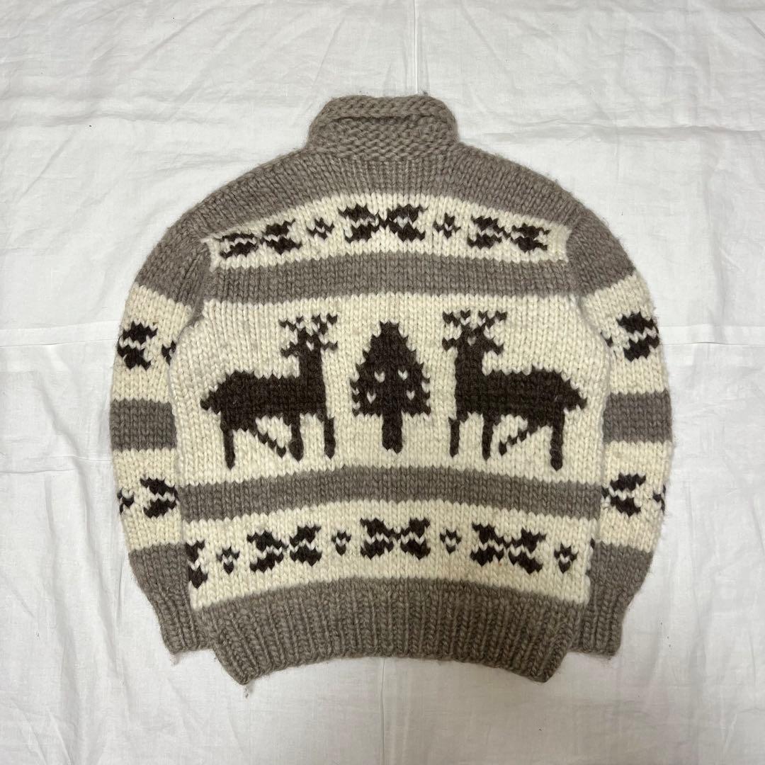 カナダ製 カウチンニット L相当 トナカイ柄 貝ボタン 手編み 肉厚 アメカジ