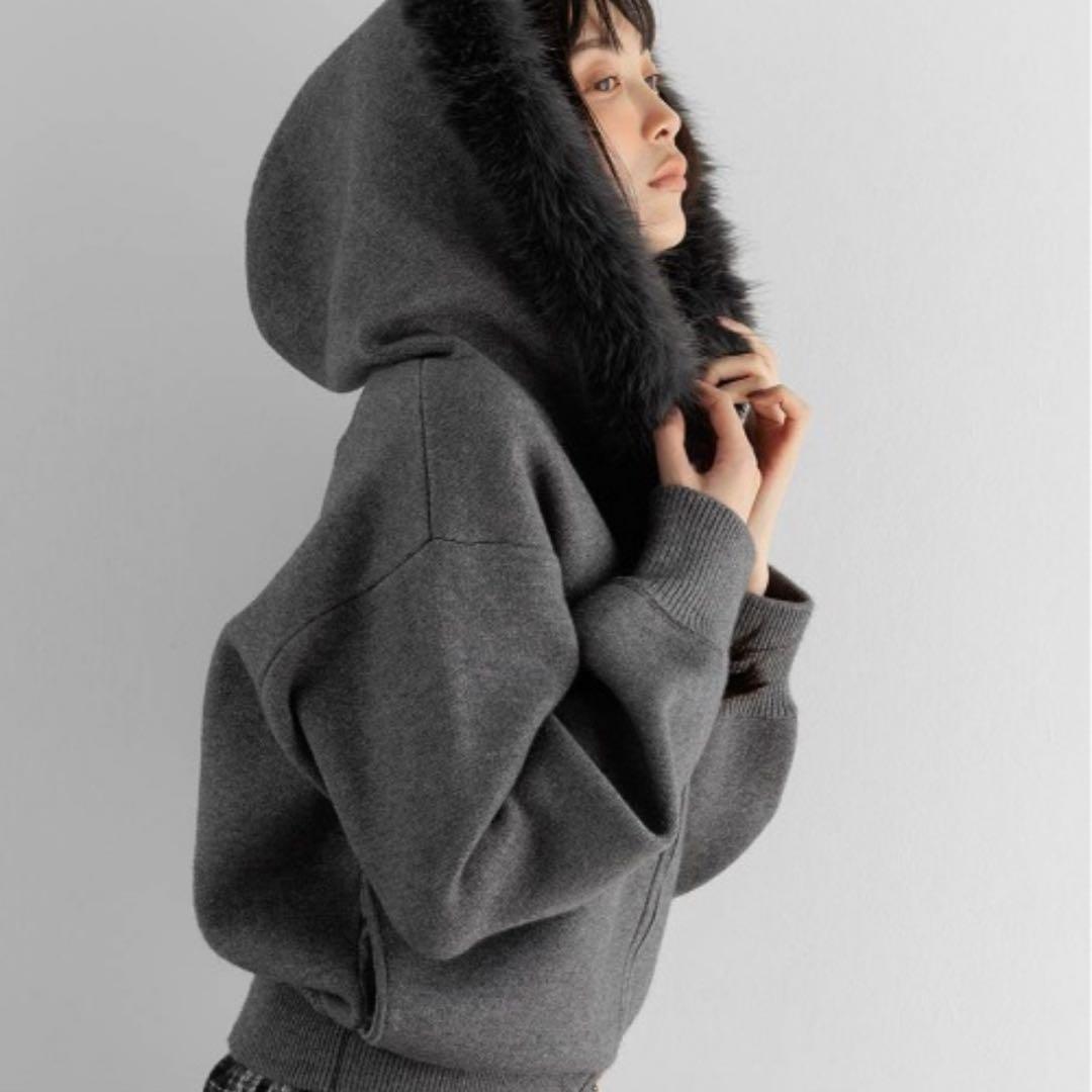 RANDA ランダ 2WAYフェイクファーニットパーカー グレー