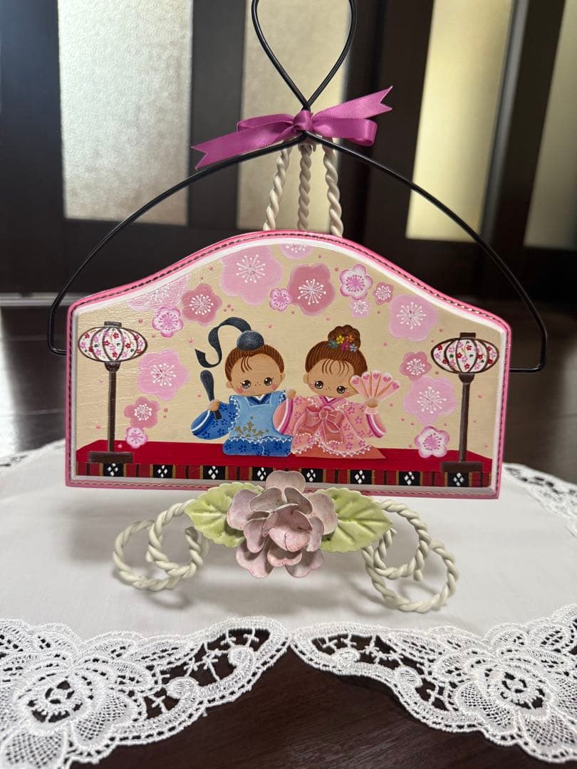 トールペイント作品　ひな祭り 木製 壁掛け リボン付き　春夏秋冬の飾り
