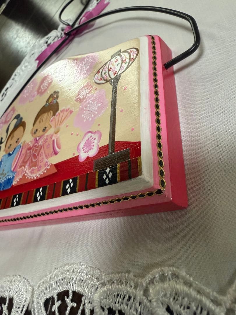 トールペイント作品　ひな祭り 木製 壁掛け リボン付き　春夏秋冬の飾り