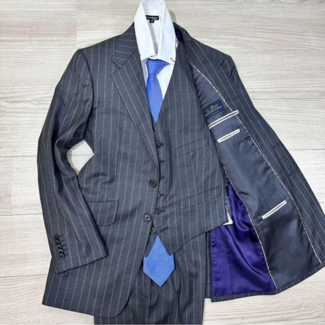 【最高級】 ポールスミス　3ピース　デルフィノ生地 グレー ストライプ
