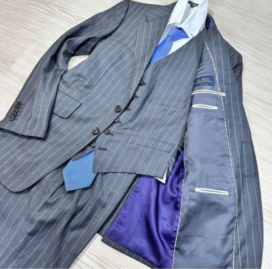 【最高級】 ポールスミス　3ピース　デルフィノ生地 グレー ストライプ