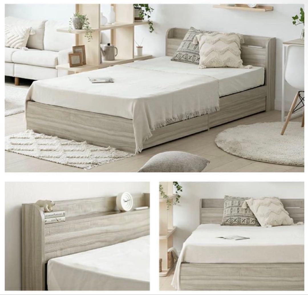 アッシュホワイト ダブルベッドフレーム 収納付き