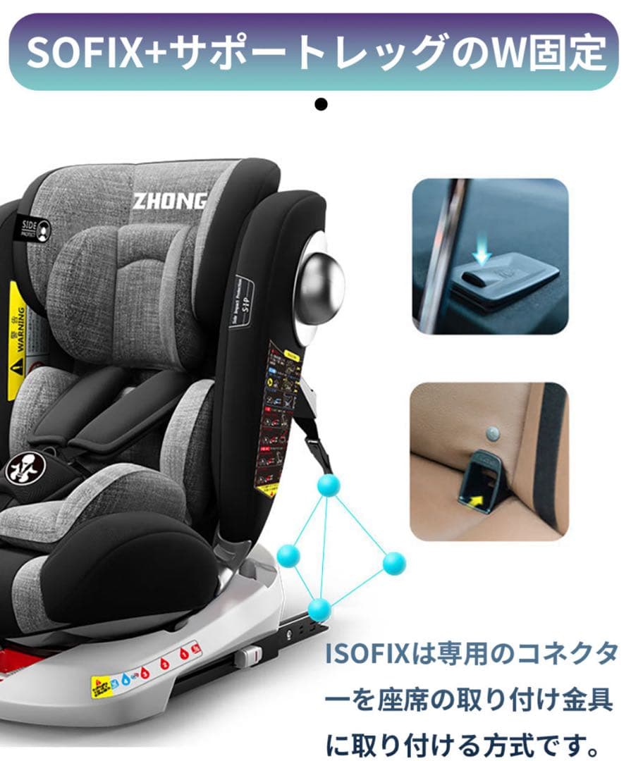 チャイルドシート ISOFIX 360度回転 リクライニング 日よけキャノピー