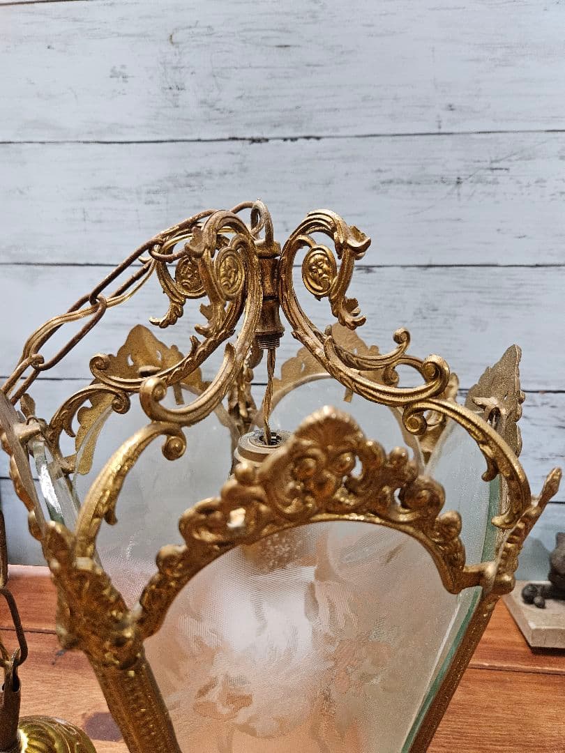 フランスアンティーク 5面ガラスのペンダントライト アールヌーボー 吊り下げ