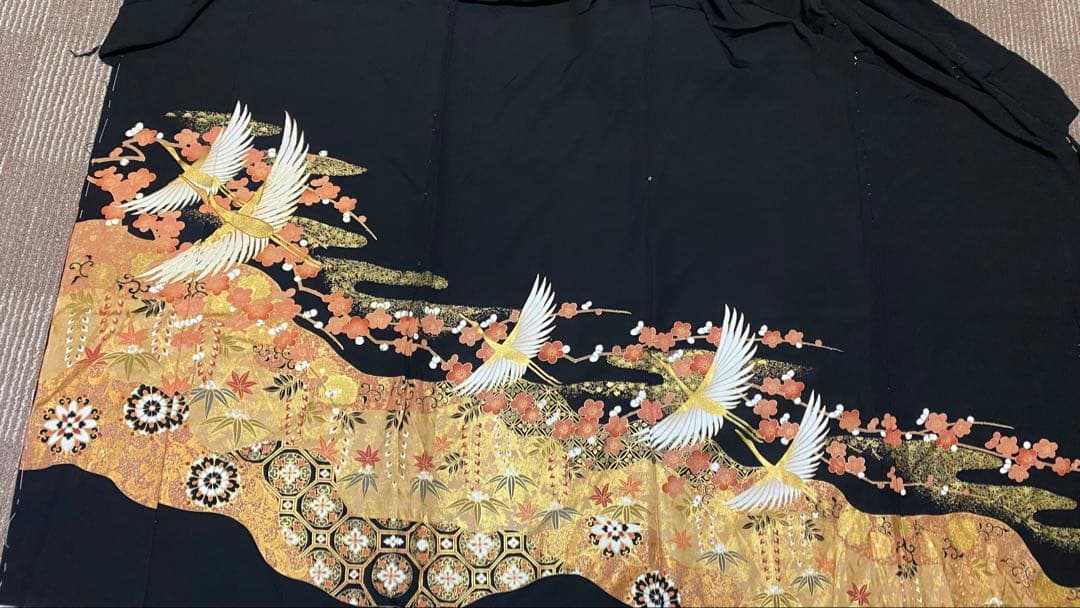 《LL 120cm》黒留袖リメイク ヨーク切り替え 七分袖 シンプルワンピース