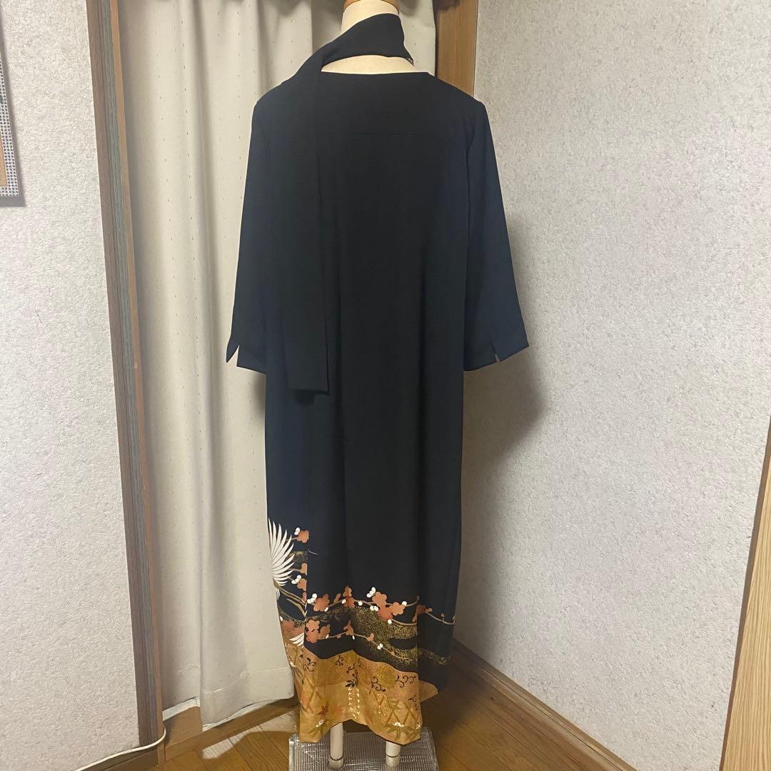 《LL 120cm》黒留袖リメイク ヨーク切り替え 七分袖 シンプルワンピース